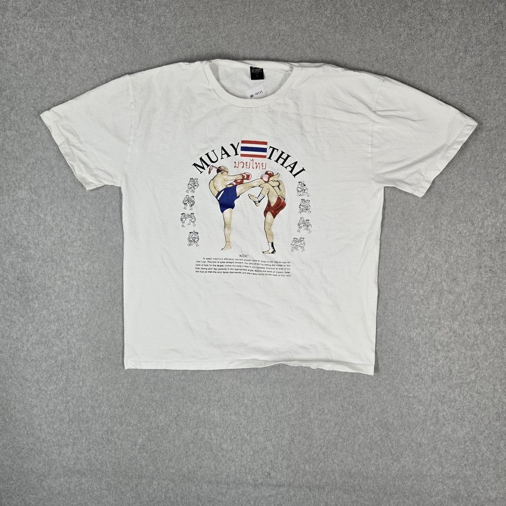 VINTAGE Muay Thai Men Shirt XL White Graphic Made In Thailand Kicking Boxing MMA